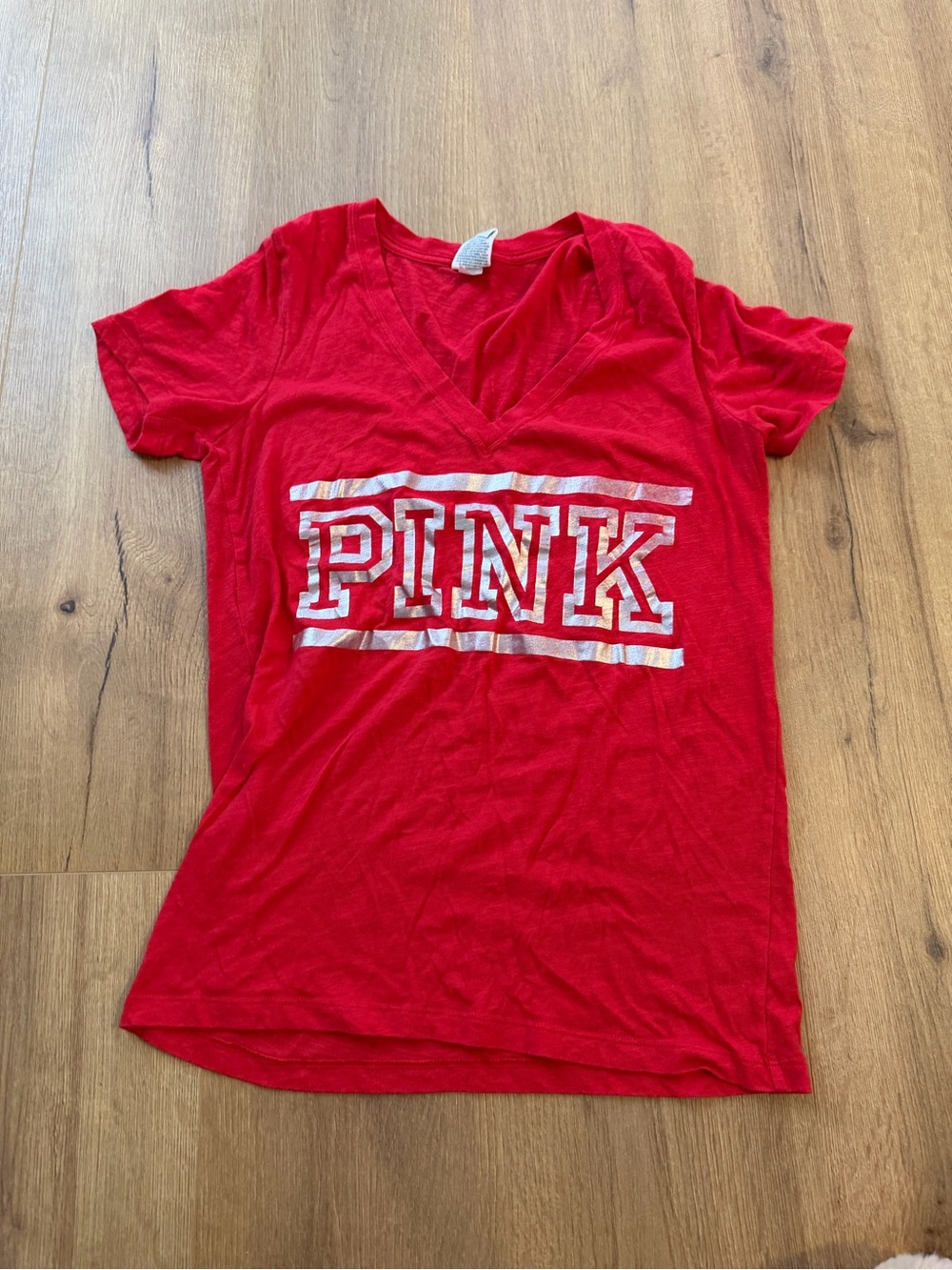 PINK Victoria's Secret Red V-Neck Graphic Tee with White Lettering
